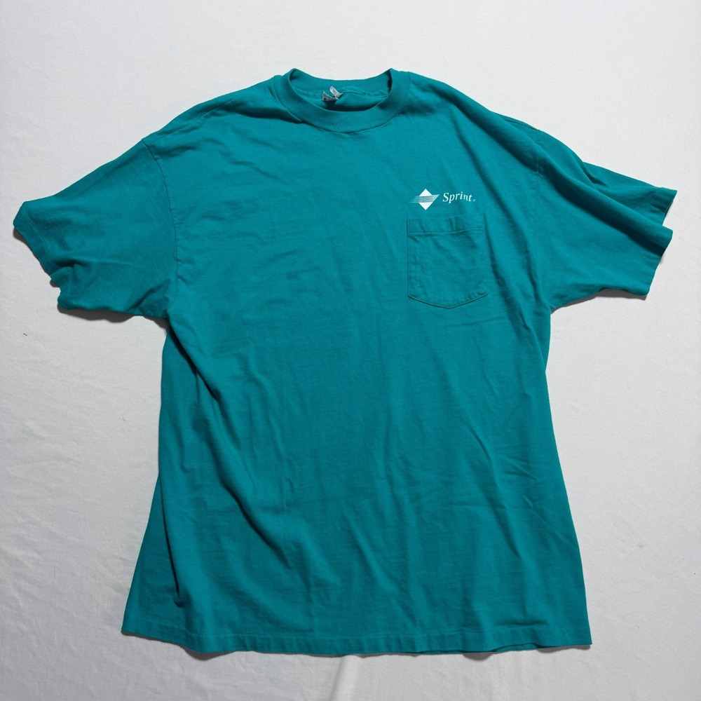 Vintage 90s Sprint Logo Pocket T-Shirt Mens XL Teal Hanes Beefy-T Made in USA